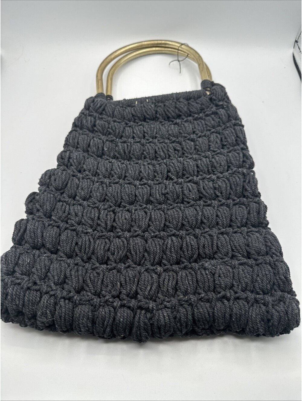 Vintage Handmade 70s Black Macrame Purse Bag Round Handles Boho Whimsigoth